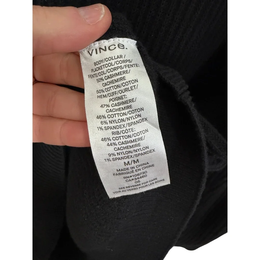 Vince Cashmere Blend Black Ribbed Knit Sweater‎ Tie Slit Back Size M chic cozy
